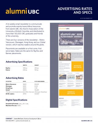 alumni UBC email newsletter rate card (January 2018)